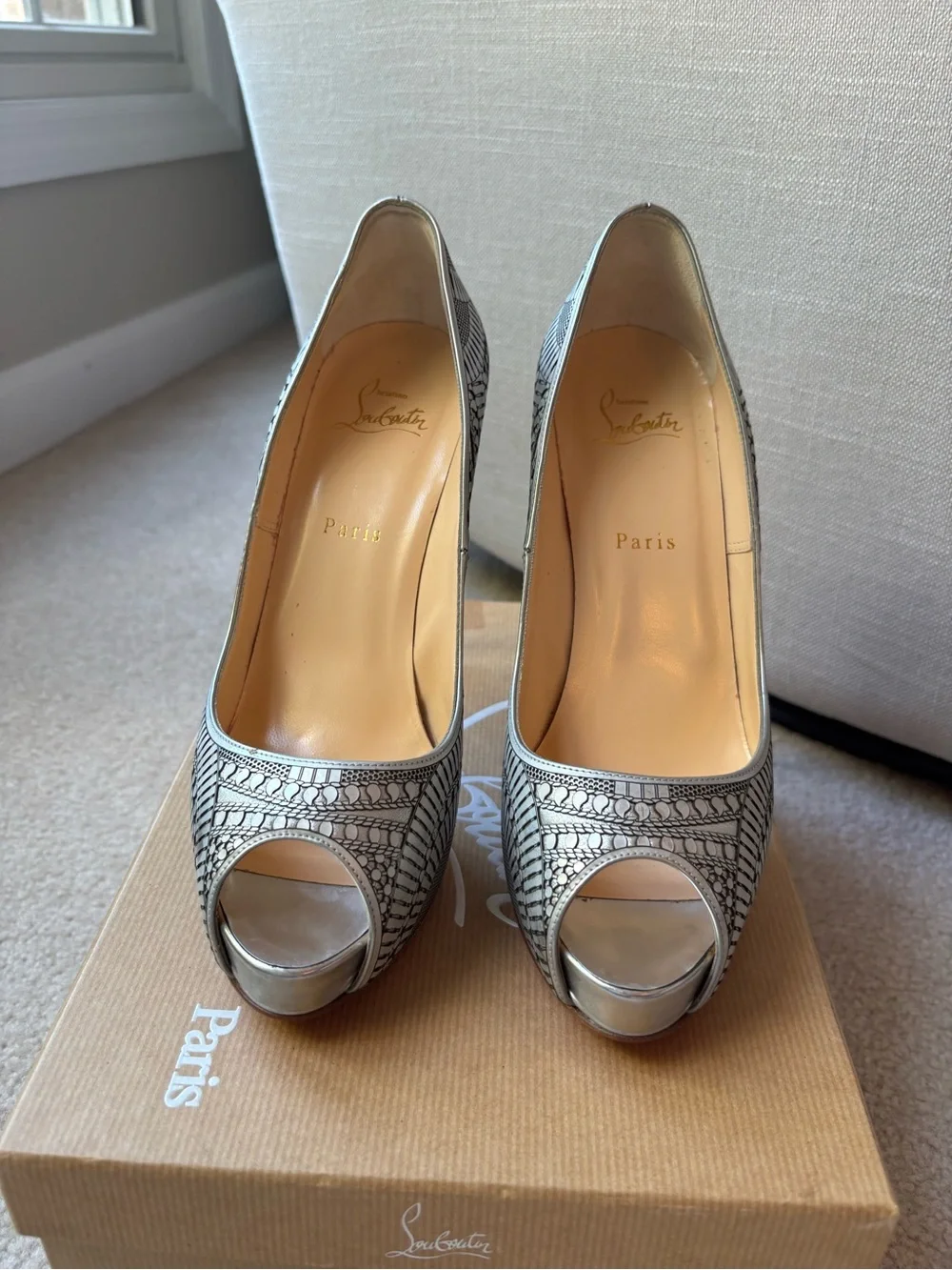 New! Christian Louboutin Suellena Laser Cut  Peep-Toe Stilettos